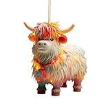 ハイランドカウカーハンギングオーナメント-2Dアクリル、かわいい牛のキーチェーン、カーミラーハンギングアクセサリー|クリスマス装飾用の牛のペンダントツリーバックパック、鍵