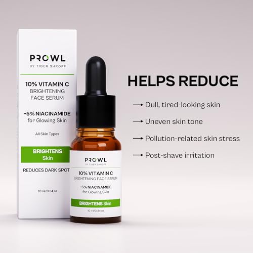 Image of PROWL by Tiger Shroff 10% Vitamin C Serum for Daily Glowing Skin | Reduces Dark Spots & Evens Skin Tone for Men | Face Brightening Serums for All Sensitive Dry Oily Combination Skin Care | 10ml