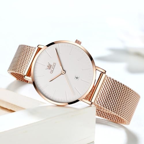 OLEVS Rose Gold Stainless Steel Ultra Slim Wrist Watches for Women - image 4