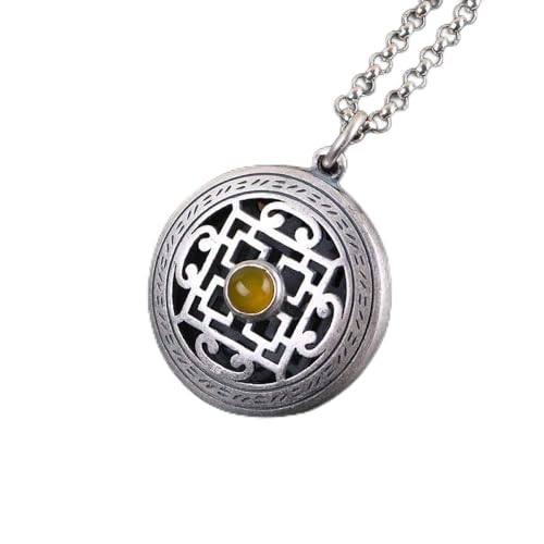 Collier vintage argent S925 femme avec pendentif calcédoine ronde et motif creux gravé