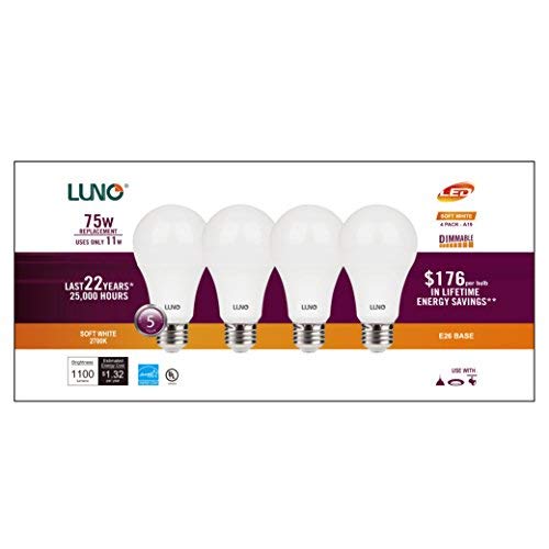 Luno A19 Dimmable Led Bulb, 11W (75W Equivalent), 1100 Lumens, 2700K (Soft White), Medium Base (E26),Ul & Energy Star (4-Pack) #TOP1