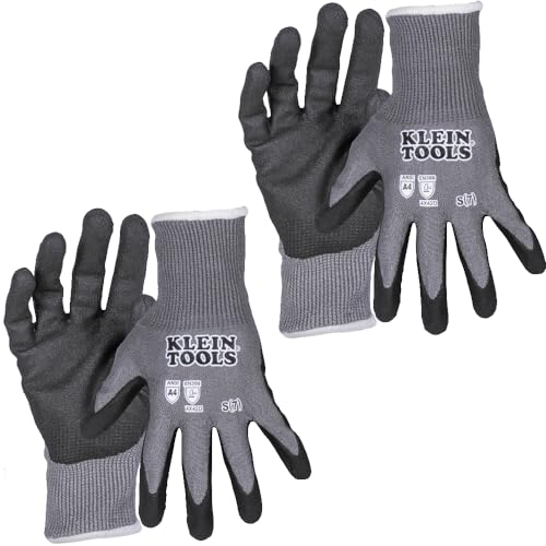 Image of KLEIN TOOLS 60587 Work Gloves, Knit Dipped Cut Resistant ANSI A4 Nitrile Coated Gloves, HPPE Fabric, Touchscreen Capable, Small, 2-Pair