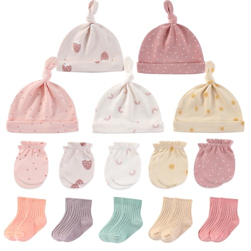 Image of MAMIMAKA Newborn Baby Boy Girl Caps Mittens Socks Set Cotton Baby Essentials Accessories (Hats+Gloves+Socks)