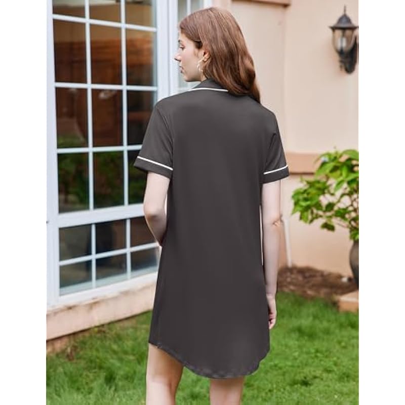 Ekouaer Nightgowns for Women Button Down Sleepshirt Short Sleeve Nightshirt Boyfriend Pajamas V Neck Nightdress S-XXXL 상세이미지 3