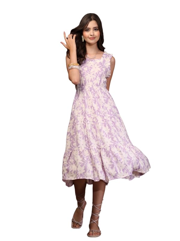 Image of Daevish New Rayon Floral Printed Flared Midi Dress for Women | Women Calf Length Dress