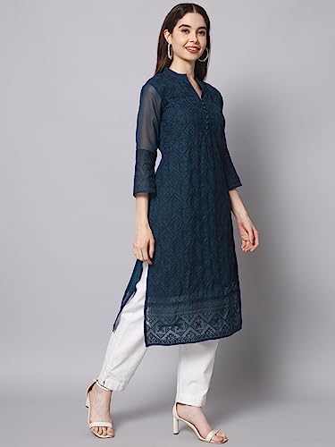 Image of Ekasya Women's Georgette Embroidered Work Kurta with Notch Neck 3 /4 Sleeves Straight Cut Calf Length | E1547
