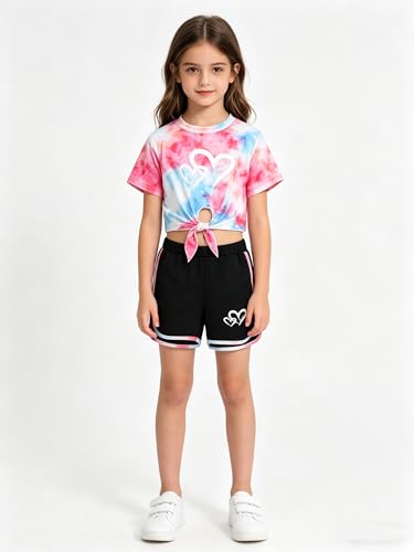 Image of Girls 6 Pieces Summer Outfits Casual Short Sleeve Tee Tops and Dolphin Shorts Set 4-12Y