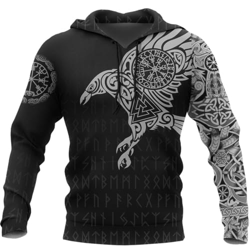 Mgyfady Mens Viking Tattoo Hoodies 3D Print Norse Mythology Graphic Long Sleeve Sweatshirt Pullover with Pockets