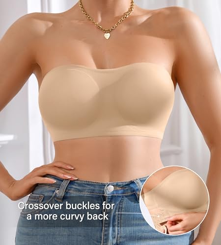 Image of DEANGELMON Strapless Bra for Women Crossover Side Closure Non-Slip Silicone Padded Bandeau Bras Wireless Tube Top Bra