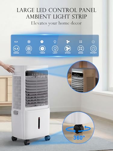 Image of Uthfy 3000CFM Swamp Cooler Air Conditioner, Evaporative Cooler with Dual Water Tanks for 30H Cooling, 120 Oscillating, Ambient Light, 7.0 GAL Detachable Water Tank, 12H Timer, Portable AC for Bedroom