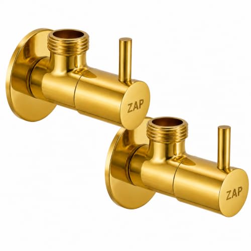 Image of ZAP Brass Angle Valve Pack of 2 with Wall Flange | Gold Finish Stop Cock for Basin Tap, Geyser, Jet Spray & Hand Shower | Heavy Duty Rust & Corrosion Resistant Water Control Valve
