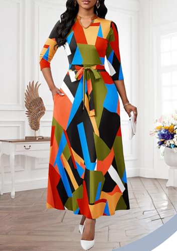 Image of BubFee Maxi Dresses for Women Semi Formal Long Dress 3 /4 Sleeve Casual A-line Church Dresses with Pockets