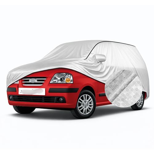 Image of SEAZEN Waterproof Car Cover for Hyundai Santro Xing | Dustproof, UV & Scratch Resistant Soft Cotton Lining | Triple Stitched, Mirror Pockets & Elastic Hem | Metallic Silver with Black Piping