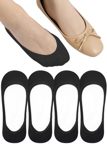 Truly No Show Socks Womens for Flats, Non Slip Footies Liners Low Cut Invisible Hidden for Loafers Slip-ons 4 Pairs Black Size 5-9