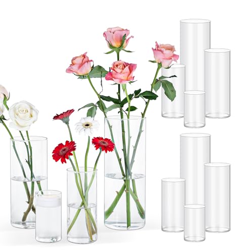 UPBUD - 12 PCS Clear Cylinder Vases for Centerpieces | 4, 6, 8,10 Inch Tall Flower Vase for Wedding Decorations, Clear Floating Candle Vases in Bulk, Hurricane Candle Holders for Table, Home Décor