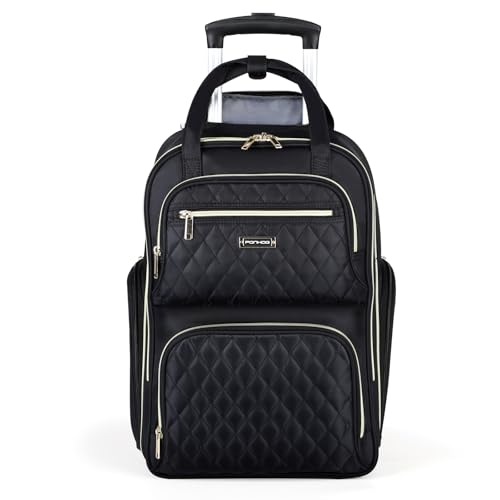 Ponhog Rolling Laptop Travel Backpack with Wheels for Women - 16 Inch Laptop Wheeled Backpack Carry on Trolley Suitcase Black Computer Bag for Adults Business College Work Overnight Black