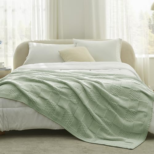 Amélie Home Checkered Chenille Knit Throw Blanket for Couch, Classic Texture Decorative Soft Blanket for Sofa, Chair & Bedroom, 60"x80", Sage Green