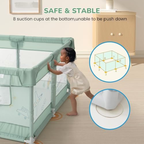 Image of Dawnwake Small Playpen 120 x 120 cm for Toddlers & Kids up to 3 Years with 2 Anti-Fall Grasp Rings, Baby Fence with Safety Lock & Suction Cup (No Mat /No Ball, Non-Foldable) -Green