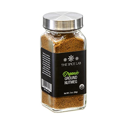 The Spice Lab Organic Ground Nutmeg - Gluten Free, Clean Label Nutmeg Spice for Holiday Nog & Mulled Wine - 2 oz French Jar - High Oil Nutmeg Powder for Baking & Cooking - Kosher Organic Seasoning