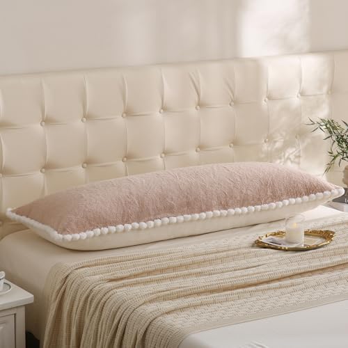 Chumerry Taupe Fluffy Body Pillow Cover White Pom Pom Pillowcase Decorative Long Pillow Cover Extra Soft Fuzzy Plush Faux Fur Body Pillow Case 1 Pcs, 20 x 54 Inch