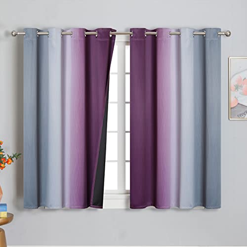 Purple and Grey Blackout Curtains 45 Inches Long,Ombre and Wavy Line Pattern 100% Blackout Curtains for Bedroom,Full Light Blocking Grommet Thermal Insulated Drapes for Kids Room, 52x45 Inch, 2 Panels