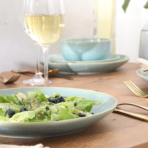 Image of Gibson Elite Pine Coast Plates and Bowls Sets, 12-Piece Stoneware Dinnerware Sets, Reactive Glaze Dish Set - Blue