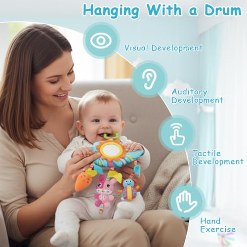 Image of SNOWIE SOFT Baby Toys for 6 to 12 Months Hanging Plush Cartoon Crib Toy with Mirror, Rattles and Stuffed Plush Toy Pendants, Soft Crib Stroller Car Seat Sensory Stuffed Toys New Born Baby Gifts