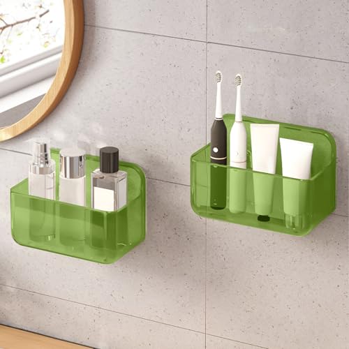 CGBE Mensola per Doccia Senza Foratura, Confezione da 2 Mensole per Bagno, Cestini per Doccia, Mensole per Bagno in Plastica Autoadesive con Montaggio a Parete per Bagno e Cucina. (Green, Small*2)
