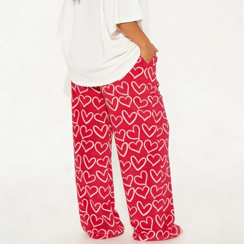 Image of Valentine's Day Flannel Pants Women's Romantic Heart Print Elastic Drawstring Waistband Wide Leg Loose Fit Trousers