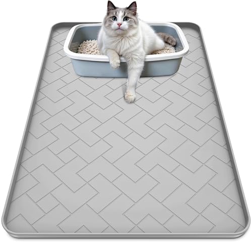 Silicone Cat Litter Mat for litter box Large 34' X 22'-Easy to Clean Cat Litter Trapping Mat, Waterproof, urine-proof and non-slip to keep the floor clean and tidy（Gray）