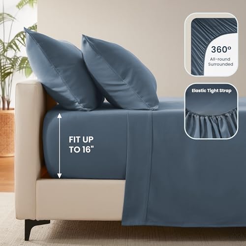 SLEEP ZONE Nanotex Super Soft Cooling Queen Bed Sheets Set 4 Piece - Easy Care Fitted Flat Sheet & Pillowcase Sets - Wrinkle Free, Fade Resistant, Deep Pocket 16" (Flint Blue, Queen)