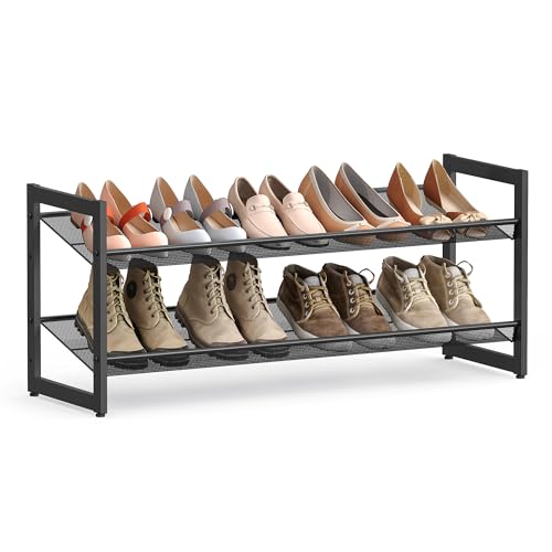 SONGMICS Shoe Rack, 2-Tier Stackable Shoe Storage Shelf, Flat or Angled Shoe Organizer, Metal Shoe Tower Stand for Closet Entryway, Black