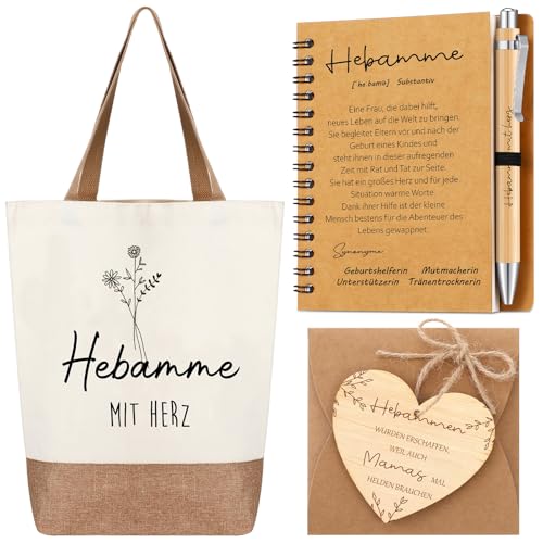 Hestya 5er Set Hebamme Geschenk Hebammetasche Kugelschreiber Notizbuch Herzförmiges Holzstück mit Umschlag für Geburtstag Krankenschwestertag Dankeschön Geschenk für Hebamme Dankbar Geburt Midwife