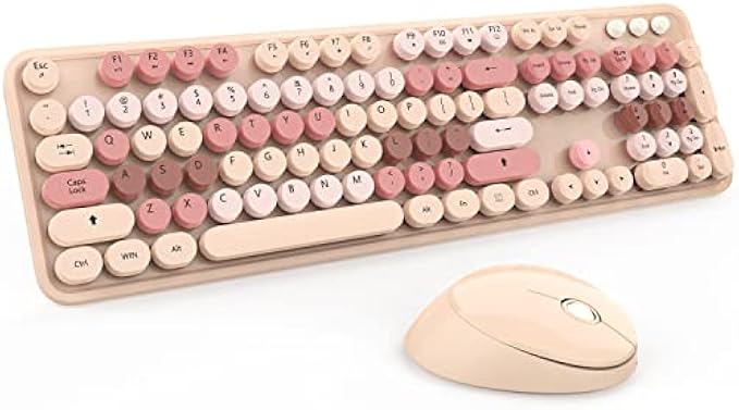 Brown Wireless Keyboard and Mouse Combo,Colorful Retro Keyboard with Round Keycaps, 2.4GHz Dropout-Free Connection, Cute Mouse Compatible with PC/Laptop/Computer (MilkTea Color)