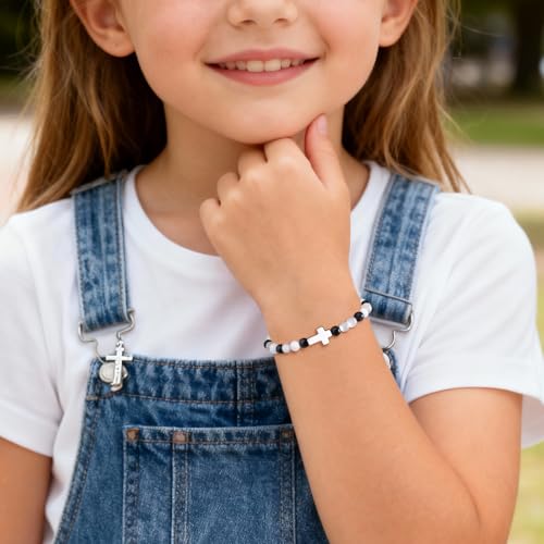 TempBeau Game Day Bracelet for Boys Girls, Black White Cat's Eye Beaded Stretch Cross Bracelet, Team Spirit Jewelry for Football Baseball Cheerleading - image 7