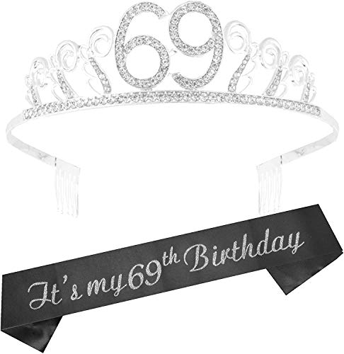 69th Birthday Gifts for Women, 69th Birthday Tiara and Sash, Happy 69th Birthday Party Supplies, 69th Birthday Sash and Tiara Birthday Crown for 69th Birthday Party Supplies and Decorations