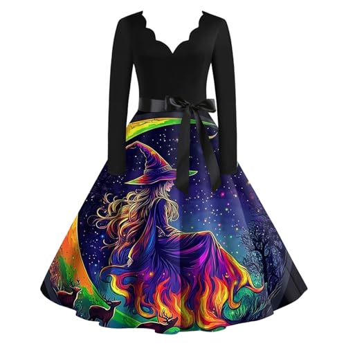 OIOLOYJM Sexy Plus Size Halloween Costumes Woman 2025 Long Sleeve V Neck Printed Gothic Retro Formal Party Dresses for Women