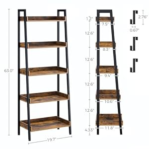 Rolanstar Bookshelf 5 Tier Ladder Bookshelf with 3 Hooks Industrial Bookcases Freestanding Display Plant Shelves with Metal Frame for Living Room Rustic Brown