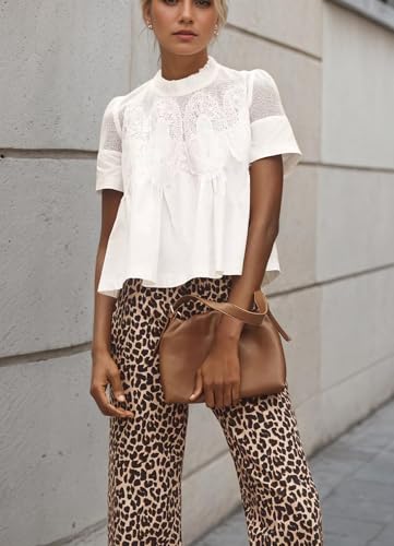 Lace Mesh Blouse for Women Puff Short Sleeve Swing Shirts Mock Neck Ruffle Pleated Elegant Babydoll Tops3