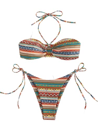 Maillot de bain deux pièces imprimé bohème multicolore XL pour femme à dos nu