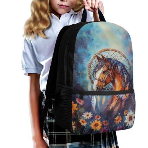 Daisy Horse Backpack for Girls 4-6 Dreamcatcher Bookbag with Zipper Pocket PU Leather Bookmarks Set of 2 Lightweight School Bag for Travel Outdoor3