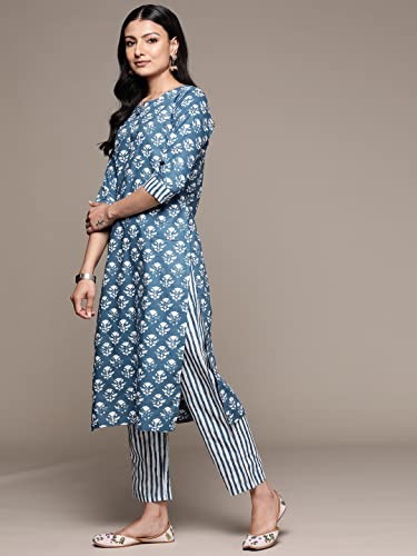 Image of anubhutee Women's Cotton Blue Floral Printed Straight Kurta Suit Set With Pants