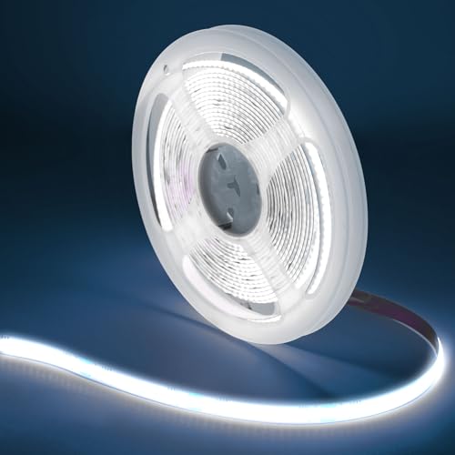 TK99SW 6M Ruban Led Cob, Bande LED Blanc Froid Autocollante 6500K, Largeur 8mm, 320LED/m, Alimentation 24V et Télécommande pour Avant Toit Jardin Piscine Terrasse Salle de Bain