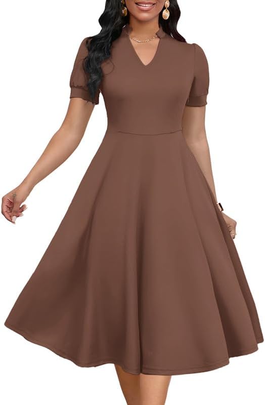 Womens Short Puff Sleeve V Neck Casual Semi-Formal Cocktail Party A-Line Dress