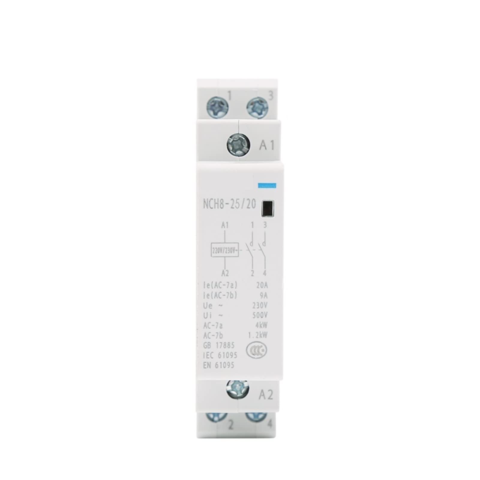 Contacteur monophasé 25A 2NC rail DIN pour réseau domestique 230V