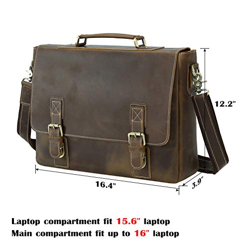 Texbo Men's 16 Inch Full Grain Cowhide Leather Laptop Briefcase Messenger Bag Tote with YKK Metal Zipper