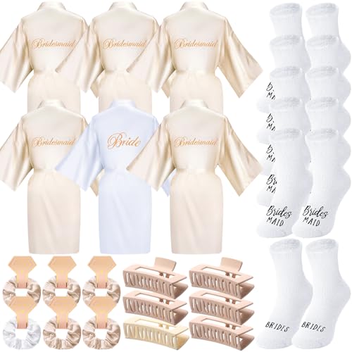 Image of Bonuci 24 Pcs Bride Bridesmaid Robes Set of 6 Bridal Silk Satin Robes for Wedding Bachelorette Party Bridal Shower Gifts