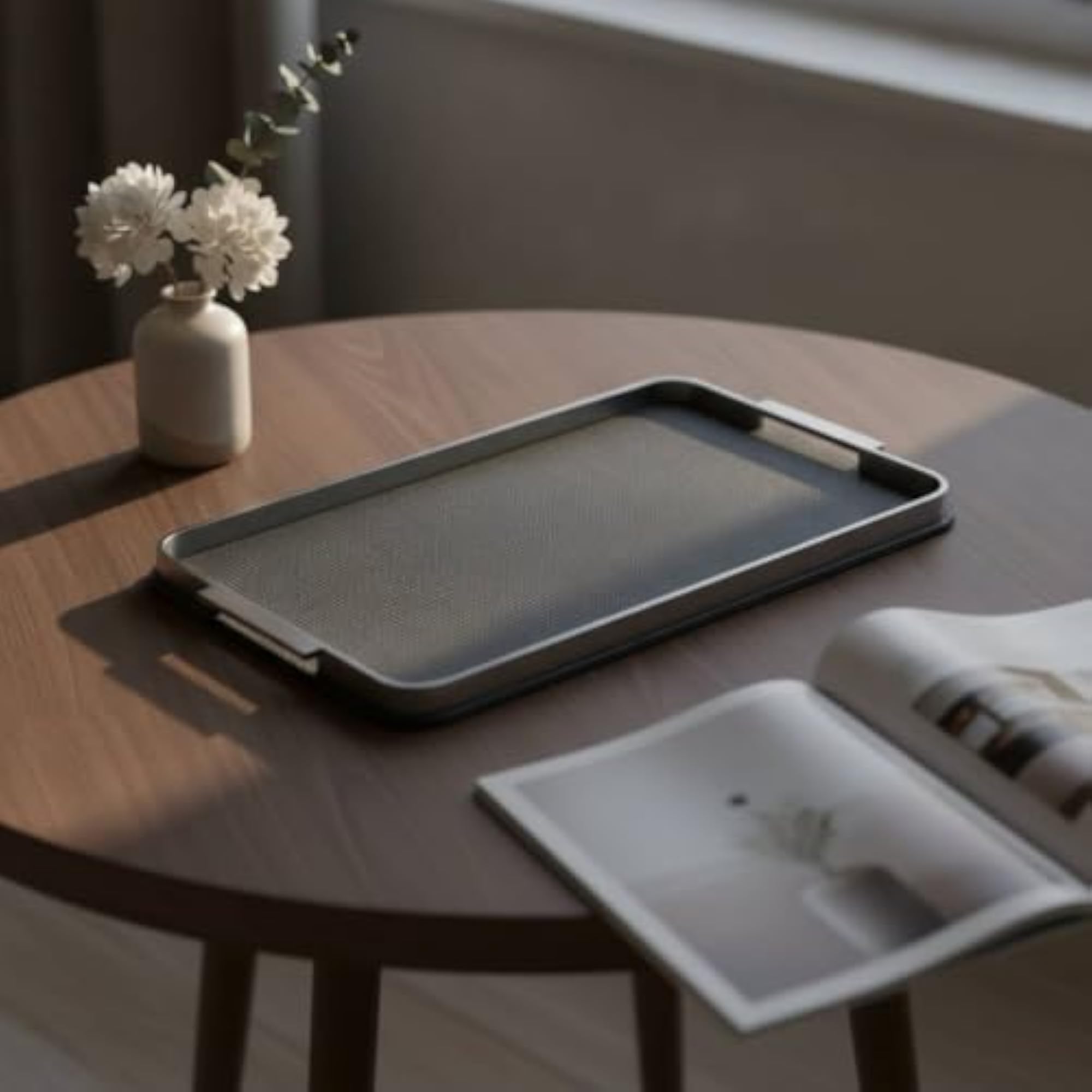 Rectangular Tray with Metal Rim, Slim Woven Base Design