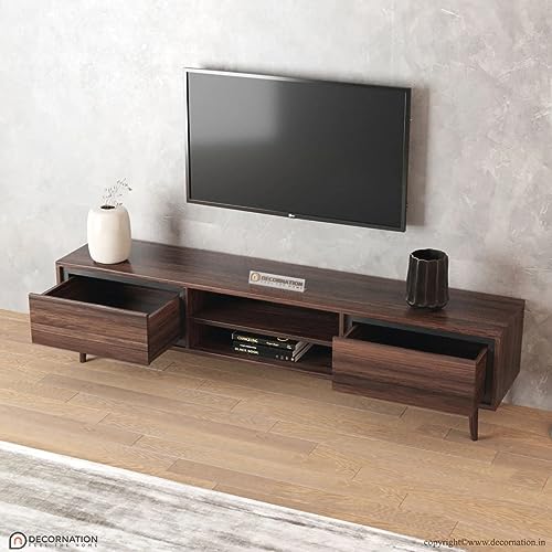 Image of DecorNation Elegant Walnut-Finished Alon Wooden TV Unit: A Stylish Entertainment Solution(70″ x 14″ x 16″, Walnut)