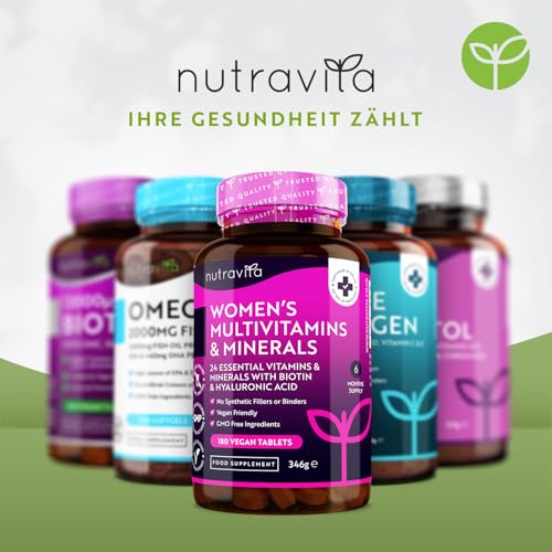 Multivitamine & Mineralien für Frauen - 24 essentielle aktive Vitamine & Mineralien mit zusätzlicher Hyaluronsäure - 180 vegane Tabletten - keine synthetischen Füllstoffe oder Bindemittel - Nutravita – Bild 7